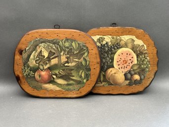 A Charming Pair Of Vintage Decoupage Art Pieces: Birds & Fruit