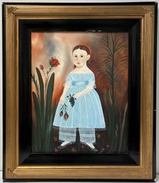 Large Framed Folk Art Oil On Canvas - Girl With Roses & Grapes - Brubakus 2005 - 24.5 X 28.25 - 18th C Style