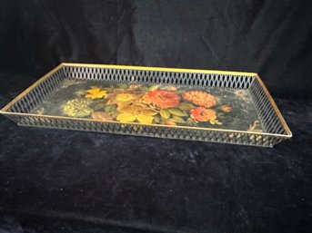 Antique Vintage Black Metal Hand Painted Floral Serving Tray