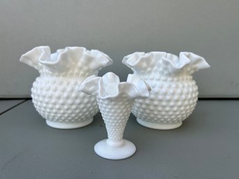 Vintage Fenton White Milk Glass Hobnail Ruffled Edge Vases - Set Of 3