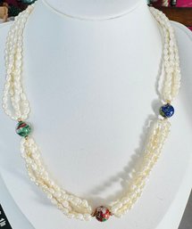 PRETTY FRESHWATER PEARL, CLOISONNE AND 14K GOLD CLASP AND BEADS NECKLACE