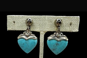 Vintage Sterling Silver Clip On Turquoise Heart Dangle Earrings With Decorative Silver Top