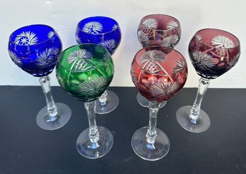 Six Czech Bohemian Cut Crystal Wine Glasses In Multi Colors