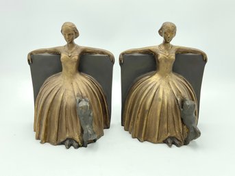 Pair Of Woman With Dog Plaster/Resin Bookends