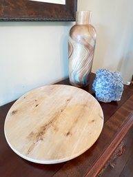 Wood Lazy Susan,beautifully Crafted Wooden Vase, Quartz Decor Stone