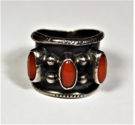 Signed Native American Sterling Silver Ring Having Coral Stones Signed MP Size 5