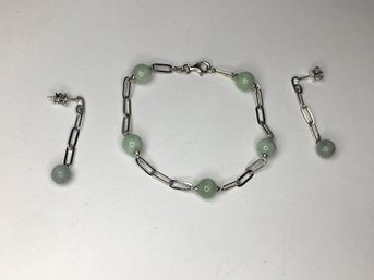 Beautiful 925 / Sterling Silver Bracelet & Earrings Set With Jade Beads - Very Nice - New Never Worn !