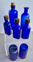 Vintage Lot Of 7 Ribbed/diamond Textured Blue Cobalt Glass Bottles Tallest 5-1/4' Shortest 3-38'