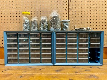 Pair Of Vintage Metal Akro-Mils 24 Drawer Storage Bins & Jars Of Hardware