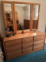 Oversized Solid Oak Dresser With Trifold Vanity Mirror