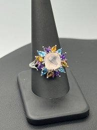 Multi Gemstone Floral Design Sterling Silver Ring