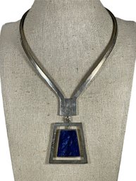 Heavy Mexican Sterling Silver Torque Necklace W Blue Lapis Stone