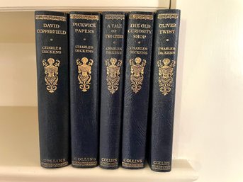 Antique Charles Dickens Five Volume Hardbound Book Set Including Oliver Twist & David Copperfield