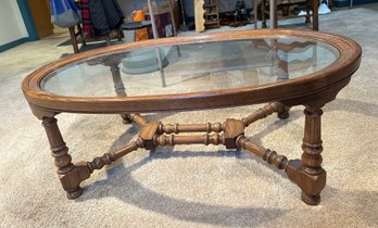 Vintage Wood Framed Glass Top Oval Coffee Table.