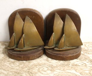 Vintage Brass Sail Boats On Wood Bookends