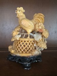 Mini Asian Jade Rooster With Flower Figurine