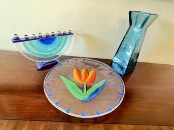 Cobalt Menorah , Flower Plate, Teal Vase