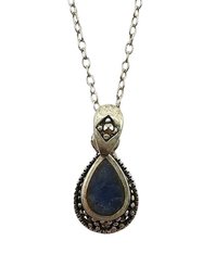 Vintage Italian Sterling Silver Chain Necklace With Blue Stone Marcasite Teardrop Pendant