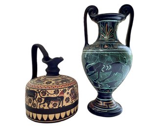 Hand Made Greek Vase & Copy Of A Corinthian Wine Jug Hand Made In Corinth