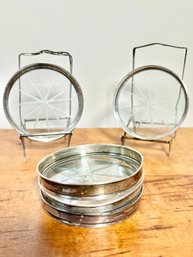 Vintage Sterling Silver And Cut Glass Crystal  Coaster Set Of 7,  Plus Holder