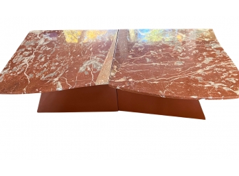 *** Two Custom Rouge Marble Top Tables  - Irregular Shapes With Wooden Bases On Wheels