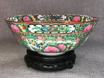 Beautiful Antique / Vintage Rose Medallion Porcelain Bowl & Carved Wooded Stand - Beautiful Piece - No Damage
