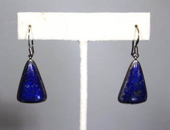 Pair Sterling Silver Lapis Stone Drop Pierced Earrings