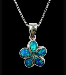 Vintage Sterling Silver Box Chain Necklace With Blue Fire Opal Flower Pendant