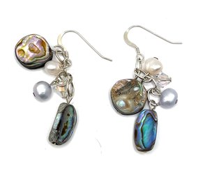 Vintage Sterling Silver Abalone And Beaded Dangle Earrings