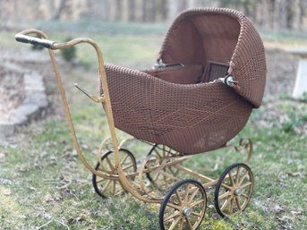 Antique Haywood Wakefield Wicker & Corduroy Pram Baby Carriage