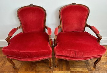 2 1950s Vintage Carved Wood Armchairs With Velvet Upholstery, Frames Made In Italy