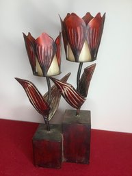 Metal Sculpture Votive 2 Candle Floral Holder Stand