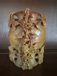 Beautiful Antique Carved Asian Soapstone Floral Vase