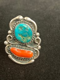 Sterling Turquoise And Coral Ring