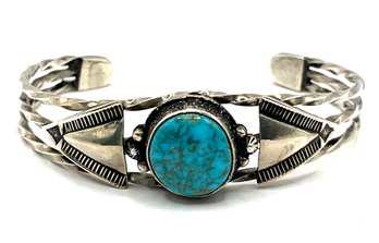 Gorgeous Vintage Native American Sterling Silver Turquoise Ornate Cuff Bracelet