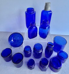 Large Lot Of 15 Blue Cobalt Glass Bottles (1 W/dosing Cup), Jars, 1 Bowl, 3 Votive Candle Holders