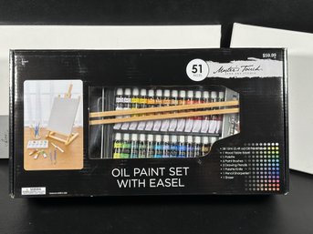 A Great Grouping Of Art Supplies: Oil Paint Set With Easel & Stretched Canvas