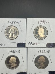 4 Washington Quarters 1985-S Proof, 1982-S Proof, 1989-S Proof, 1988-P Uncirculated