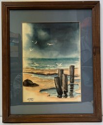 Vintage 1982 Seascape Watercolor Painting - Seagulls - Waves - Dock Pilings - Nautical - Laura - 18.25 X 22.5