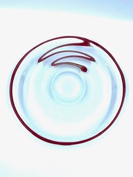 Bold Art Glass Console Bowl W/ Red Rim & Dimentional Zig Zag Design