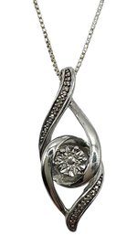 Sterling Silver Box Chain Necklace With Clear Stone And Marcasite Swirl Pendant