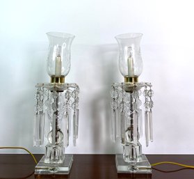 Antique Glass Lamps With Hanging Crystals And Glass Shades