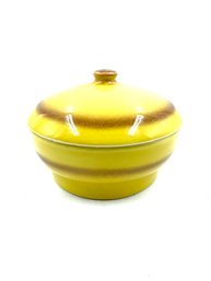 Vintage MCM Yellow Casserole With Stripe Design And Lid.