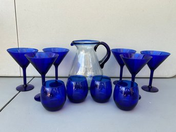 Cobalt Blue Hand-blown Pitcher, 6 Martini Glasses And 4 Stemless Sangria Glasses Cocktail Set