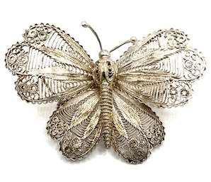 Beautiful Vintage Sterling Silver Filigree Butterfly Brooch