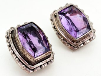 A Pair Of Vintage Faceted Amethyst Clip Earrings In Sterling Silver Settings