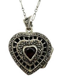 Vintage Sterling Silver Chain Necklace With Red Stone Marcasite Heart Locket Pendant