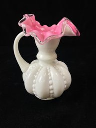 Vintage Fenton Pink & White Milk Glass Encased Pitcher / Vase, Beaded Melon