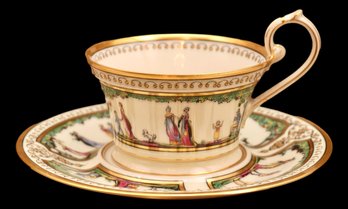 Fine Antique Teacup -  Raynaud & Cie For Limoges, France. 'Promenade Au Palais Royal, 18th Century Directoire