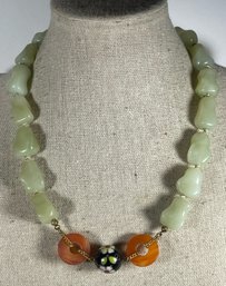 Chinese Green And Orange Jade Necklace Gilt Sterling Silver Necklace